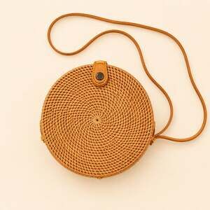Vtg Bali Tribe Round Rattan Crossbody Bag Boho Woven Straw Circle Purse Coastal